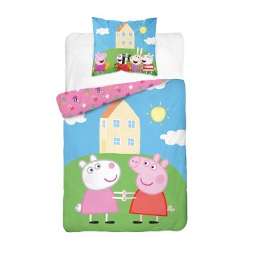 Lenjerie pat bumbac, Peppa Pig si George, multicolora, 140x200 cm