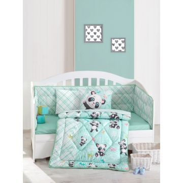 Lenjerie patut cu 6 piese Baby Ranforce Panda Mint