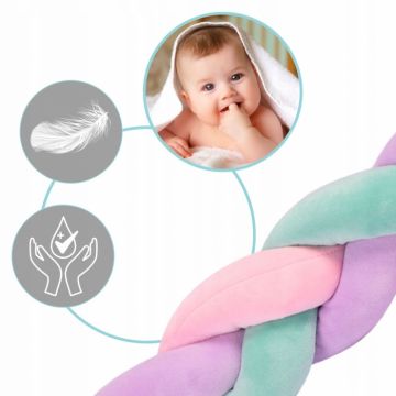 Protectie laterala impletita pentru patut Ricokids Trio RozMovTurcoaz 3metri,inaltime 11.5 cm, din plus cu umplutura antialergica