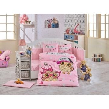 Lenjerie de pat pentru copii, 4 piese, 100% bumbac poplin, Hobby, Coolbaby, roz