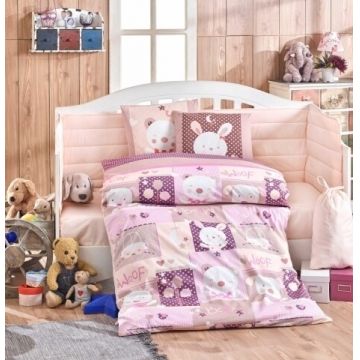 Lenjerie de pat pentru copii, 4 piese, 100% bumbac poplin, Hobby, Snoopy, roz