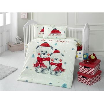Lenjerie de pat pentru copii, Patik, Snow, 100% bumbac ranforce, 4 piese, rosu/alb/gri