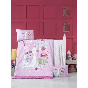 Lenjerie de pat pentru copii, Victoria, White Swan, 4 piese, 100% bumbac ranforce, roz