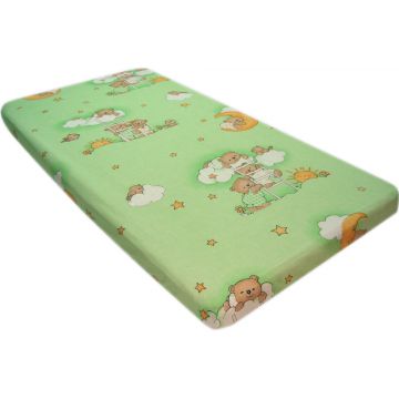 Cearceaf din bumbac cu elastic 120x60 Ursuletul somnoros verde