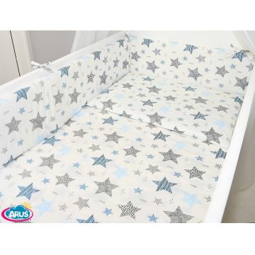 Lenjerie patut 3 piese cu protectie laterala pentru patut 120x60 cm Blue Stars