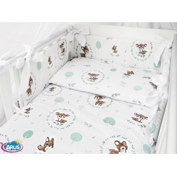 Lenjerie patut 3 piese cu protectie laterala pentru patut 120x60 cm Deer Green Wreaths