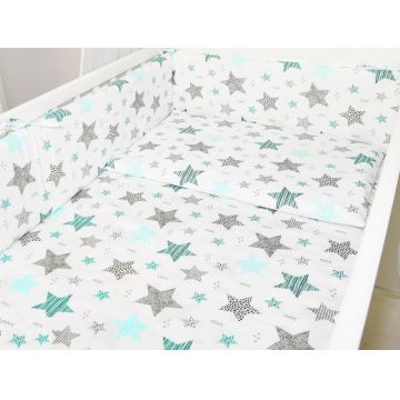 Lenjerie patut 3 piese cu protectie laterala pentru patut 120x60 cm Mint Stars