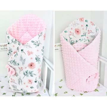 Paturica de infasat nou-nascut cu doua fete 80x80 cm Minky Pink Eucalyptus