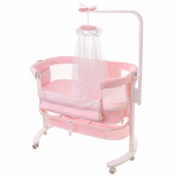 Patut Co-Sleeping cu doua nivele spatiu de depozitare si Baldachin Roz