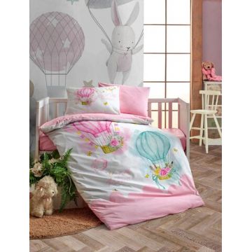 Lenjerie de pat pentru copii, 4 piese, 100x150 cm, 100% bumbac ranforce, Cotton Box, Little Princess, roz