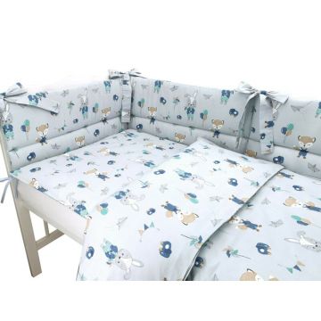 Lenjerie patut 3 piese cu protectie laterala Qmini 120x60 cm Fox and Rabbit Blue