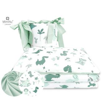 Lenjerie patut 4 piese bumbac MimiNu cu doua protectii laterale pentru patut 120x60 cm Dino Mint