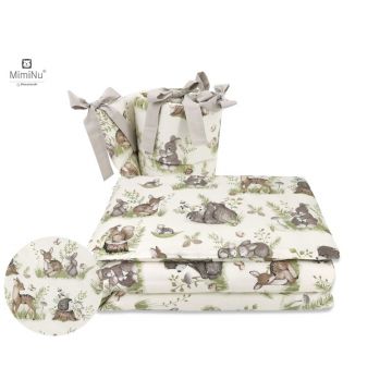 Lenjerie patut 4 piese MimiNu din bumbac cu protectii laterale 120x60 cm Design Calm Forest Natura