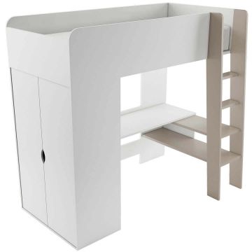 Pat etajat din pal cu birou incorporat, etajera si dulap, pentru copii Tom TO 01 Alb / Grej, 200 x 90 cm