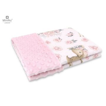 Paturica pufoasa MimiNu cu doua fete minky si bumbac 75x100 cm Sweet Deer Pink