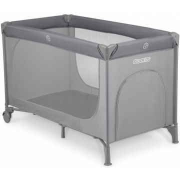 Patut pliabil cu un nivel pentru copii Ricokids,pliere compacta,usa de acces cu fermoar,roti cu frane,husa transport si saltea pliabila incluse Gri