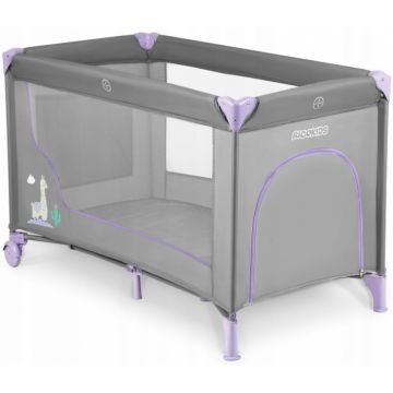 Patut pliabil cu un nivel pentru copii Ricokids,pliere compacta,usa de acces cu fermoar,roti cu frane,husa transport si saltea pliabila incluse Gri Lavanda