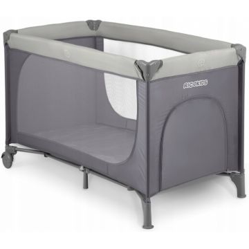 Patut pliabil cu un nivel pentru copii Ricokids,pliere compacta,usa de acces cu fermoar,roti cu frane,husa transport si saltea pliabila incluse Gri deschis