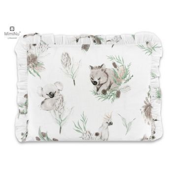 Perna clasica de dormit cu volanas cu husa detasabila cu fermoar din bumbac pentru patut carucior balansoar 30x40 cm Australian Animals Beige MimiNu