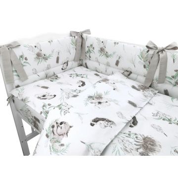 Set lenjerie patut 5 piese cu pilota si perna din bumbac pentru patut 120x60 cm australian animals beige MimiNu