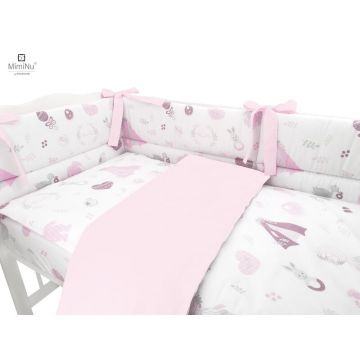 Set lenjerie patut 5 piese cu pilota si perna din bumbac pentru patut 120x60 cm baby shower pink MimiNu