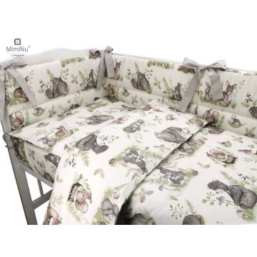 Set lenjerie patut 5 piese cu pilota si perna din bumbac pentru patut 120x60 cm design calm forest natural MimiNu