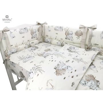 Set lenjerie patut 5 piese cu pilota si perna din bumbac pentru patut 120x60 cm design seal beige MimiNu