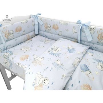 Set lenjerie patut 5 piese cu pilota si perna din bumbac pentru patut 120x60 cm design seal blue MimiNu