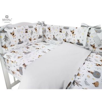 Set lenjerie patut 5 piese cu pilota si perna din bumbac pentru patut 120x60 cm forest friends beige MimiNu