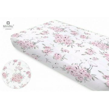 Cearceaf MimiNu cu elastic pentru patut 90x40 cm din bumbac Peonie Pink