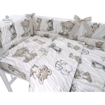Lenjerie patut 3 piese MimiNu cu protectie laterala din bumbac pentru patut 120x60 cm Safari Beige