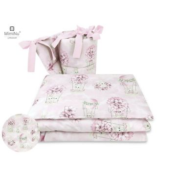 Lenjerie patut 4 piese bumbac MimiNu cu doua protectii laterale pentru patut 120x60 cm Awesome Bunnies