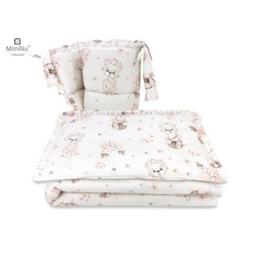 Lenjerie patut cu 4 piese MimiNu din bumbac cu protectii laterale si volanase 120x60 cm Powdery Pink Ballerina