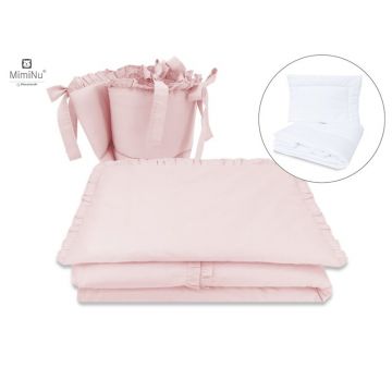 Set lenjerie patut cu 6 piese MimiNu cu volanase pilota si perna cu doua aparatori laterale bumbac 120x60 cm Colectia Roya Powder Pink