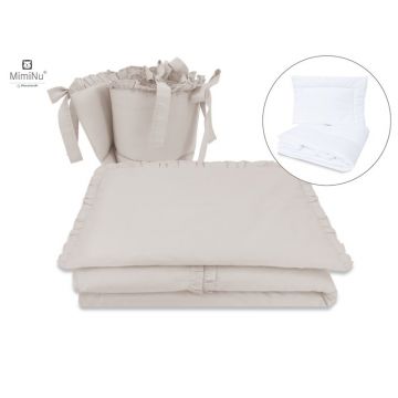 Set lenjerie patut cu 6 piese MimiNu cu volanase pilota si perna cu doua aparatori laterale bumbac 120x60 cm Colectia Royal Beige