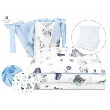 Set lenjerie patut MimiNu 6 piese bumbac cu pilota perna aparatori laterale 120x60 cm Baby Shower Blue