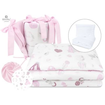 Set lenjerie patut MimiNu 6 piese bumbac cu pilota perna aparatori laterale 120x60 cm Baby Shower Pink