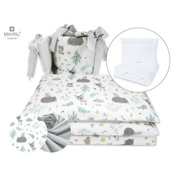 Set lenjerie patut MimiNu 6 piese bumbac cu pilota perna aparatori laterale 120x60 cm Forest Friends Mint