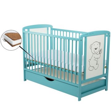 BabyNeeds - Patut din lemn Timmi 120x60 cm, Cu sertar cu capac, Din lemn de pin si mdf, Stabil si rezistent, Inaltime saltea reglabila pe 3 nivele, Laterala cu 3 bete detasabile, EN716-1, EN716-2, Mint + Saltea 10 cm