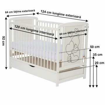 Pachet Patut din lemn Qmini Timmi Heart cu sertar si roti Alb + Saltea 12 cm