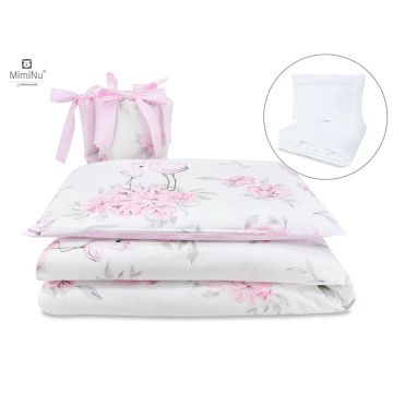 Set lenjerie patut 5 piese MimiNu cu pilota si perna din bumbac pentru patut 120x60 cm Peonie pink