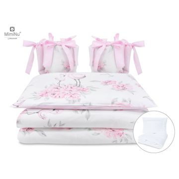 Set lenjerie patut MimiNu cu 6 piese cu pilota si perna cu doua aparatori laterale din bumbac pentru patut 120x60 cm Peonie Pink