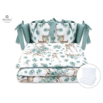 Set lenjerie patut MimiNu cu 6 piese cu pilota si perna cu doua aparatori laterale din bumbac pentru patut 120x60 cm Sweet Deer Mint