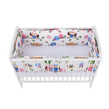 Babyneeds - Set 2 bucati aparatori pat, 2 x 180x35 cm, Bumbac, pentru patut 120x60 cm, Bufnitele vesele, Alb