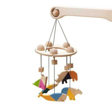 Carusel Montessori din lemn cu 5 animale safari colorate, Mobbli