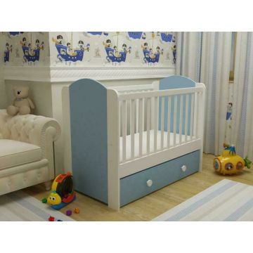 MyKids - Patut cu sistem de leganare cu sertar Happy, 120x60 cm, Alb/Albastru