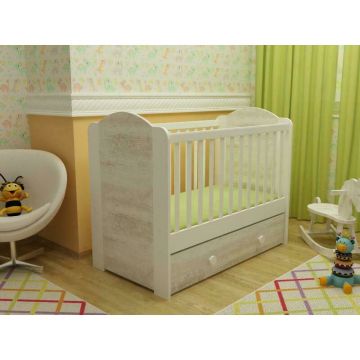 MyKids - Patut cu sistem de leganare cu sertar Happy, 120x60 cm, Alb/Bej