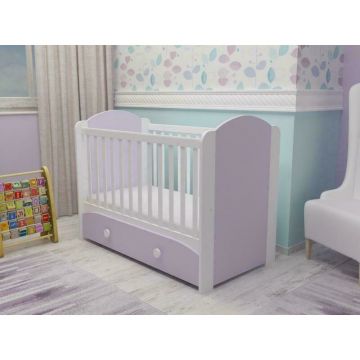 MyKids - Patut din lemn cu sertar Miki, 120x60 cm, Alb/Violet