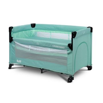 Caretero - Patut pliant cu doua nivele, Esti, Cu laterala culisanta, 120x60 cm, Ideal pt calatorii si uz cotidian, Cu intrare laterala cu fermoar, Roti, Conform cu standardul EN 716: 2017-07, Turcoaz