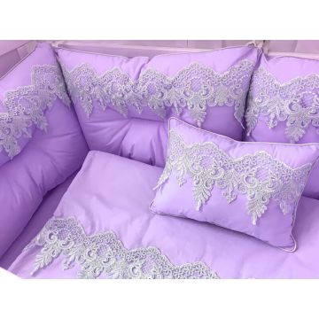 Lenjerie LUX by Deseda cu 6 aparatori Super Groase pat 120x60 cm baldachin si suport metalic baldachin Violet - alb